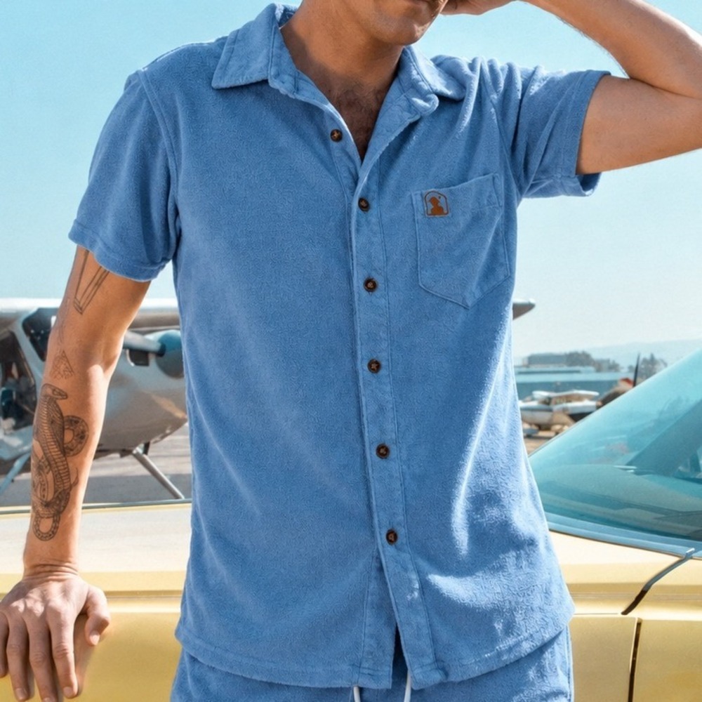 Dandy Del Mar Tropez Terry Cloth Shirt Annapolis Blue Short Sleeve Button Down S